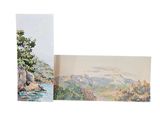 an open book with a painting of a river and mountains in the background