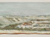 an oil painting of a beach scene with waves crashing on the shore