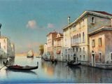 a painting of a gondola going down a canal