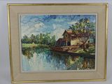 tableau représentant une maison au bord d'un lac avec un bateau sur l'eau