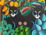 un tableau représentant un chat assis dans un arbre