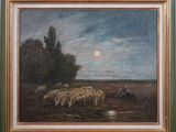 an oil painting of a herd of sheep grazing in a field at night