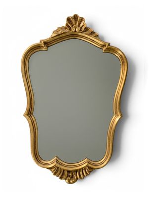 un miroir à cadre doré accroché au mur, à côté d'un mur blanc