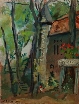 an image of a painting of a house in the woods