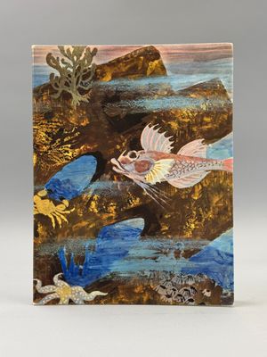 an image of a painting of a bird flying over a body of water