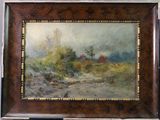 une peinture à l'huile représentant un paysage, dans un cadre en bois