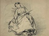 drawing of a woman in a dress sitting on a chair