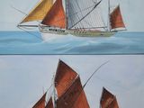 deux photos d'un tableau représentant un voilier en mer