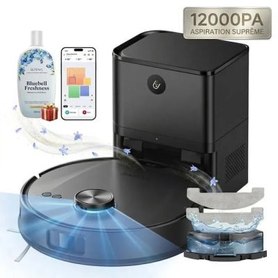 une image représentant un robot aspirateur avec une bouteille d'eau et un téléphone