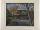 un tableau représentant une rivière avec des arbres et des maisons en arrière-plan