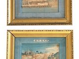 two framed paintings of boats and buildings on a white surface