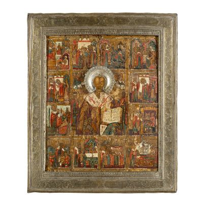 un tableau représentant une icône religieuse, sur lequel figurent de nombreuses icônes religieuses