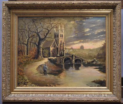 an oil painting of a man walking across a river with a church in the background