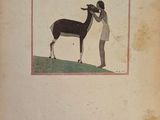 an old picture of a man standing next to a goat
