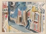 une aquarelle représentant un homme marchant dans la rue