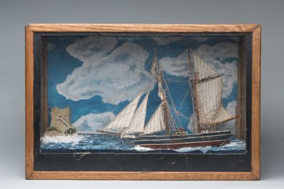 a picture of a painting of a boat in the water