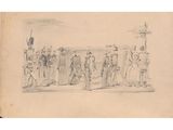 an old drawing of a group of men standing in front of a building