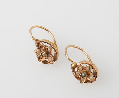 an image of a pair of gold earrings on a white surface