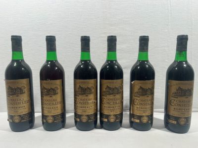 six bouteilles de vin sont alignées sur une surface blanche