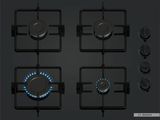 an image of a black gas stove with four burners and a blue flame