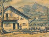 a painting of a farm scene with a man and a horse