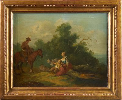 an oil painting of a man and a woman sitting on a horse in a wooded area