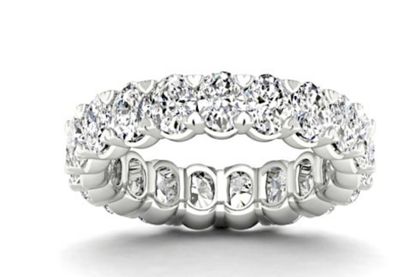 Gros plan sur une bague « éternité » sertie de diamants, sur fond blanc