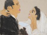 painting of a bride and groom looking at each other in front of a beige background
