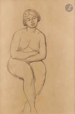 un vieux dessin représentant une femme assise sur un tabouret, les bras croisés