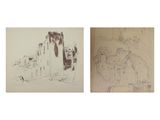 deux dessins représentant un bâtiment et un bâtiment surmonté d'une horloge