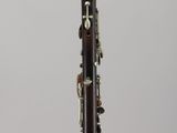 an old clarinet sitting on top of a clear display case