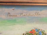 an oil painting of a beach scene with a bird flying over the water