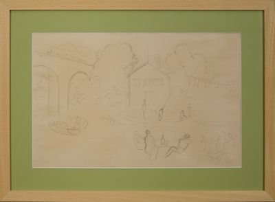 dessin représentant une maison et un chien dans un jardin