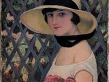 tableau représentant une femme coiffée d'un chapeau de paille et tenant un bouquet de fleurs