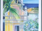 peinture représentant un bâtiment devant lequel se trouve un palmier