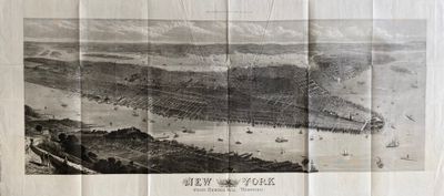 une vieille photo montrant une vue de la ville de New York depuis le sommet d'une colline
