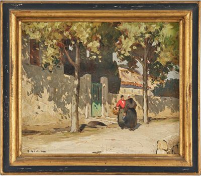 an image of a painting of a woman sitting on a bench in front of a house