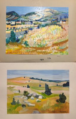 deux tableaux représentant un paysage avec des collines et des champs en arrière-plan
