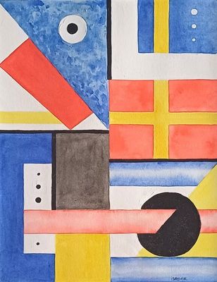 représentation d'un tableau représentant un motif géométrique composé de rouge, de jaune, de bleu et de noir