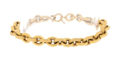a close up of a gold chain bracelet on a white background