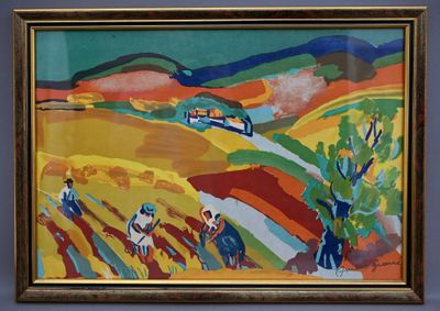 un tableau représentant des personnes à cheval dans un champ