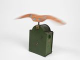 a bird that is flying over a green box