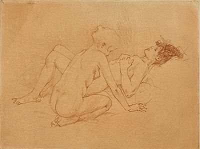 drawing of two nudes sitting on the ground with flowers in their hands