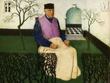 tableau représentant un homme assis sur un banc dans un jardin