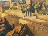 painting of a view of a city with a castle on the hill