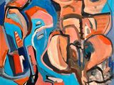 an abstract painting of a man playing a guitar and a woman playing a violin