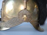a gold helmet with a black fur on it
