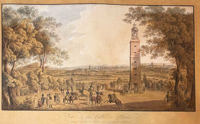 un vieux tableau représentant une vue d'une ville avec une tour horloge