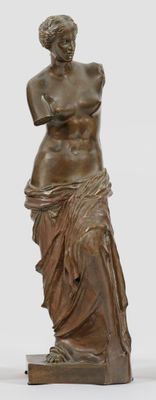bronze statue of a woman holding a vase on a wooden base