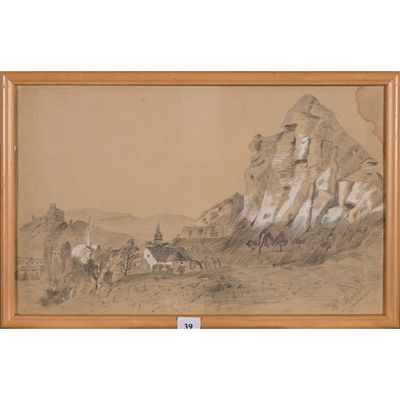dessin représentant un paysage de montagne avec un cheval conduit par un homme